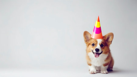 Puppy corgi in birthday cap. Generative AI.の素材