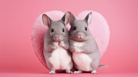 Two chinchillas on the background of the heart. Generative AI.の素材