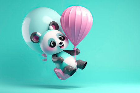 The panda is flying in a hot air balloon. Generative AI.の素材