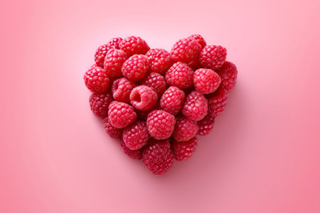 Heart made of fresh raspberries on pink background, top viewの素材
