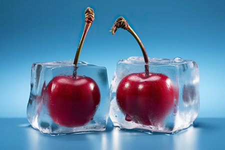 Cherries frozen in ice cubes on blue background, closeupの素材