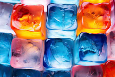 Colorful ice cubes with reflection on water surface.の素材