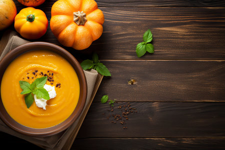 Pumpkin soup with cream and basil on wooden background. Top view.の素材