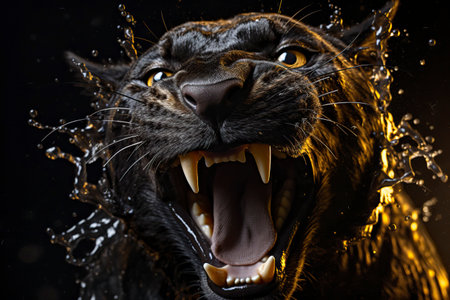 Black panther portrait with water splashes on black background.の素材