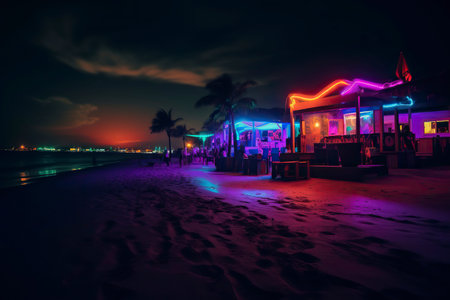 Beach at night with neon lights.の素材