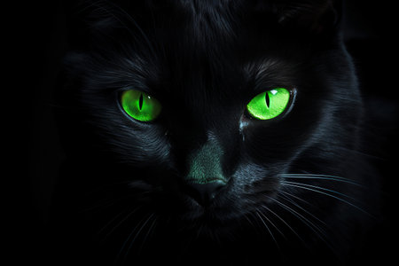 Portrait of a black cat with green eyes on a black background.の素材