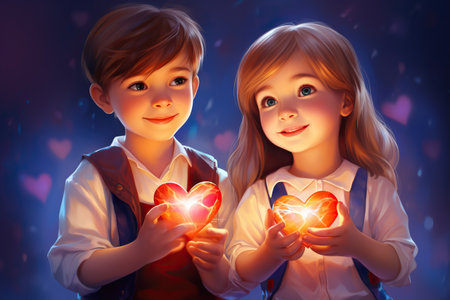 Cute little children, boy and girl, holding two hearts in their hands.の素材