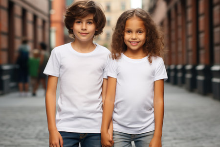 Portrait of two little kids in white t-shirts standing on the street.の素材