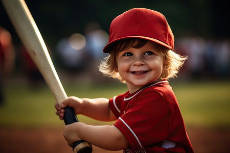 A cute little boy is playing baseball on the baseball field.の素材