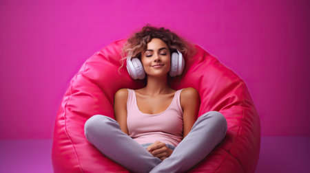 Young woman with headphones listening to music on a pink bean bag chair.の素材