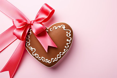 Gingerbread heart with a red ribbon on a pink background.の素材