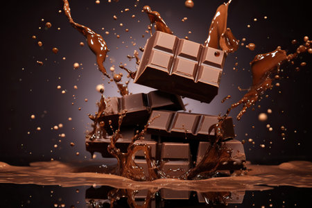 Splash with chocolate bar on dark background.の素材