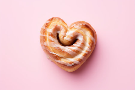 Heart shaped cinnamon bun on pink background, top view.の素材