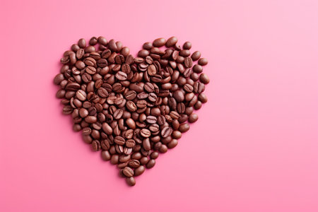 Heart-shaped coffee beans on a pink background.の素材
