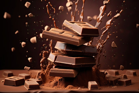 Splash with chocolate bar on dark background.の素材