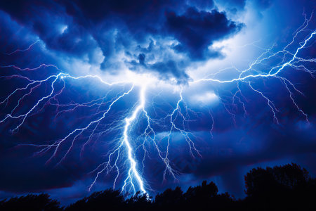 Lightning strike over dark stormy sky, nature abstract background.の素材