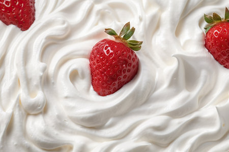 Strawberries with whipped cream, close-up.の素材