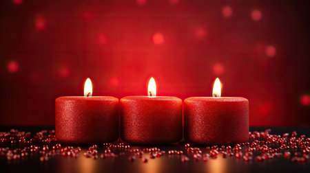 Valentine's Day background with candles and hearts on a red bokeh background.の素材