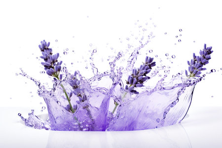 Lavender flowers in water splashes isolated on white background.の素材