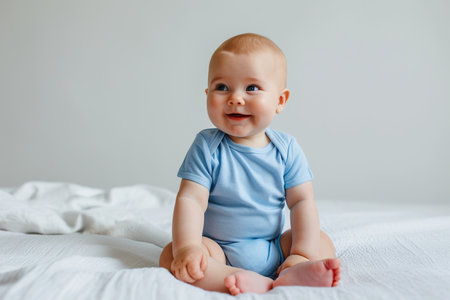 Baby wearing bodysuit. Blue baby bodysuit mockup.の素材