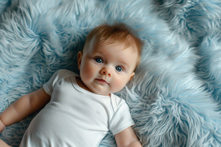 Cute little baby lying on a blue blanket. White baby bodysuit mockup.の素材