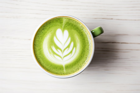 Green tea matcha latte on white wooden table, top view.の素材