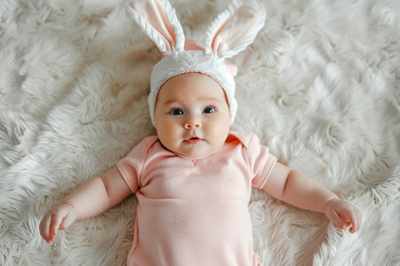 Cute little baby in bunny ears on a white fur blanket, top view. Baby bodysuit mockup.の素材