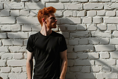 Redheaded man in black t-shirt standing on brick wall background.の素材
