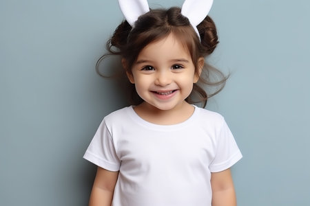 Cute little girl with bunny ears on a gray background.の素材