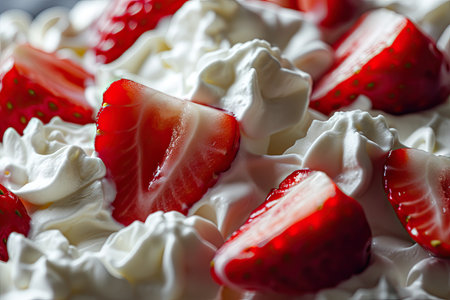 Close up of white whipped cream with strawberries for background and design.の素材