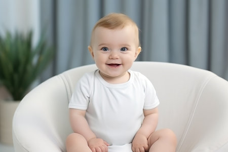 Portrait of a cute smiling baby sitting on a chair at homeの素材