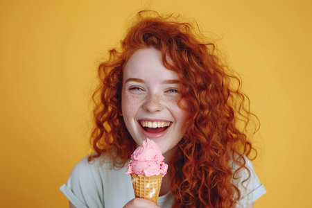 Portrait of a red haired girl with ice cream on a yellow background.の素材