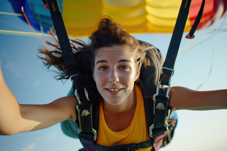 Young woman skydiving with a parachute in the air. Extreme sport.の素材