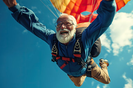 Elderly man jumping with a parachute.の素材