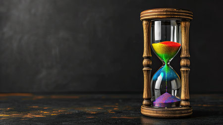 Hourglass with colorful sand on a dark background.の素材