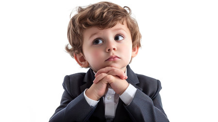 Surprised little boy in a suit on a white background.の素材