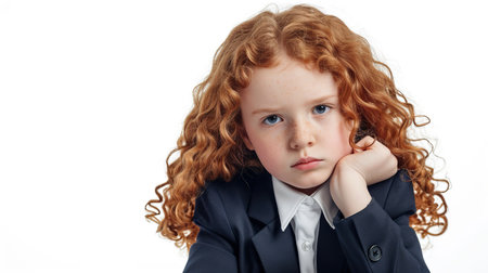 Sad red curly girl on white background.の素材