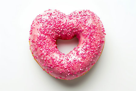 Pink donut in the shape of a heart isolated on a white background.の素材