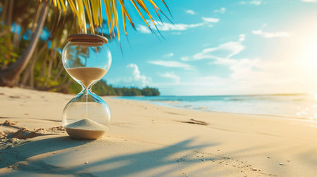 Hourglass on the sand on the beach with palm tree and sea background.の素材