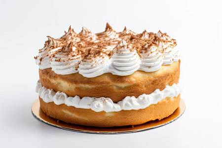 Cake with whipped cream on a white background, close-up.の素材
