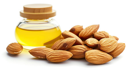 Almond oil in a small bottle and almonds on a white background.の素材