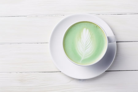 Green tea matcha latte on white wooden table, top view.の素材