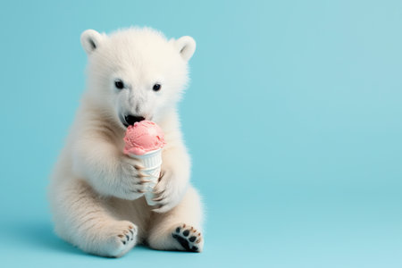 Cute little polar bear with ice cream on blue background with copy space.の素材
