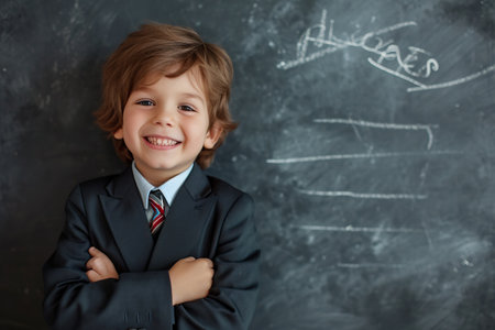 Portrait of a cute little boy in a suit on a blackboard background.の素材