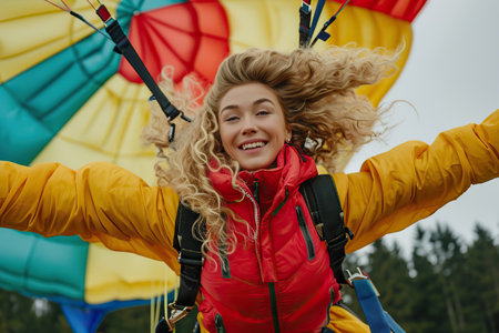 Young woman skydiving with a parachute in the air. Extreme sport.の素材