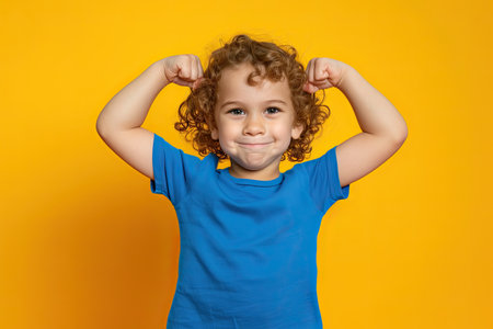 Portrait of a curly-haired boy in a blue T-shirt on a yellow background.の素材