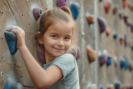 Cute little girl climbing on a climbing wall.の素材