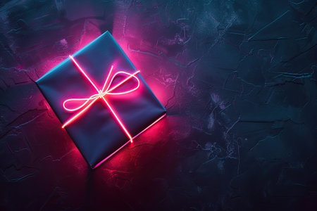 Gift box with neon lights on dark textured background.の素材