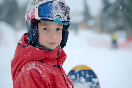 Portrait of a boy in a red jacket with a snowboard.の素材