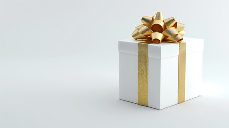 White gift box with golden bow on white background.の素材
